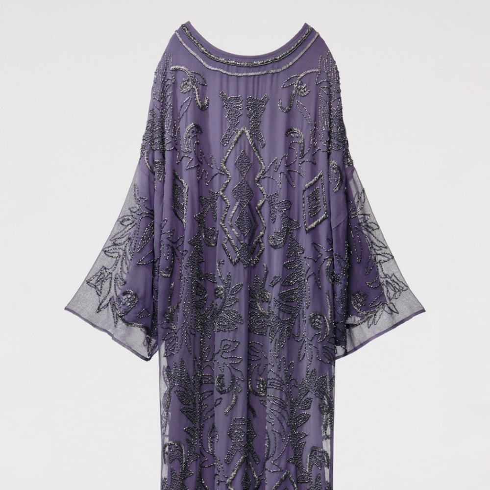 ZARA Women’s V-NECK EMBROIDERED BEADED TUNIC DRESS SIZE S-M PURPLE CAFTAN